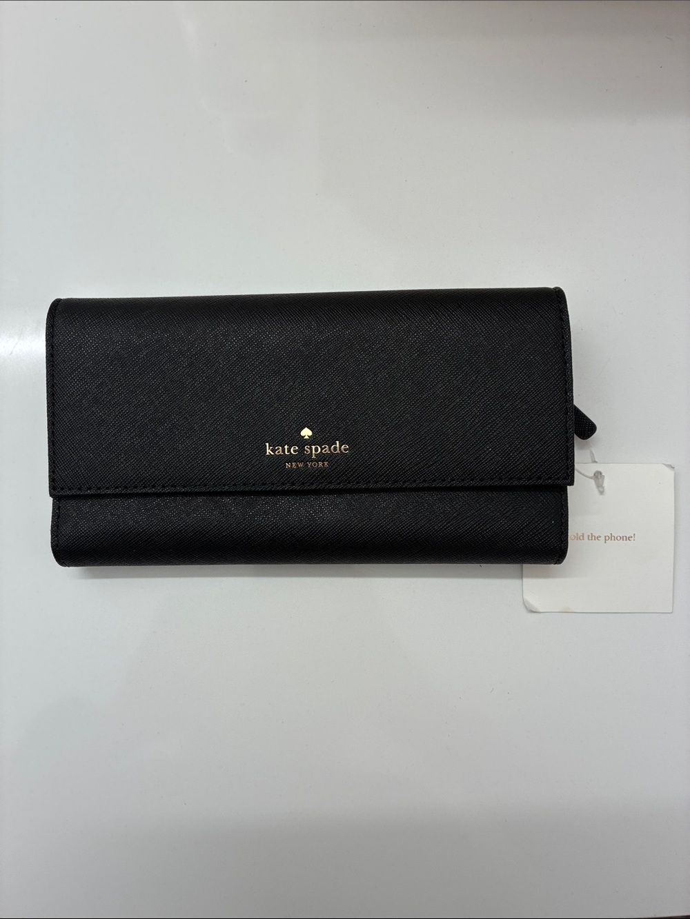 kate spade Black Saffiano Fold-Over Wallet with Gold Logo
